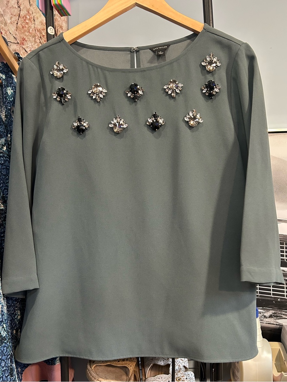 Ann Taylor | Medium | Blue Gray Top with faux crystal adornments | NWOT